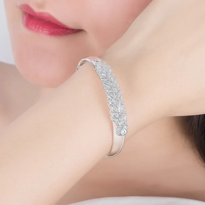 925 Sterling Silver Peacock Opening Screen Bracelet For Women Luxury Designer Texture Open Bracelets Party Original Jewelry Gift - Image 3