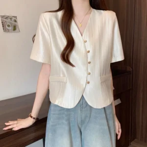Korean Fashion Elegant Summer New Women's V-Neck Solid Single Breasted Simplicity Office Lady Loose Short Sleeve Blazers Tops