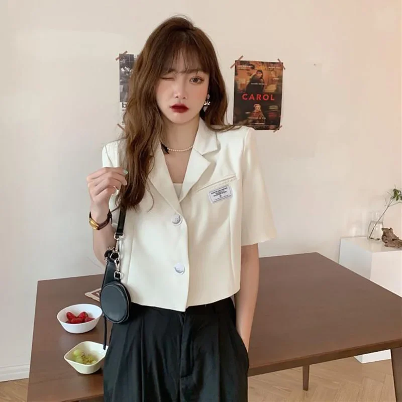 Short Sleeve Blazer Jacket Ladies Summer 2025 New Thin Notched Collar Suit Coat Women Casual Wild Black White Short Outwear Tops - Image 4