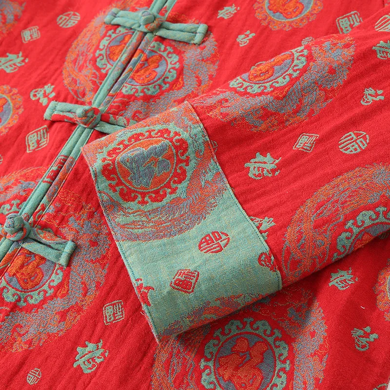 National Style Cotton Double-layer Gauze Women's Pajamas Set for New Year Red Plate Buckle Festival Style Home Clothes - Image 3
