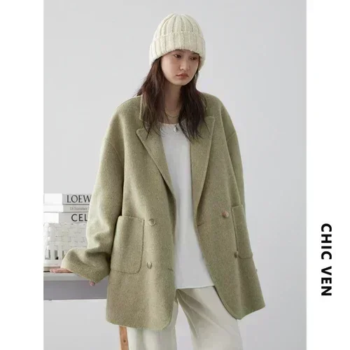 CHIC VEN Women's Woolen Coats Loose Casual Double Breasted Retro Double-sided Jacket Office Lady Outerwear Autumn Winter 2023 - Image 7