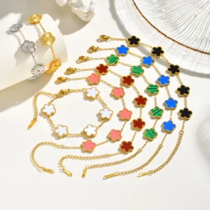 Vnox Stainless Steel Fashion Five Leaf Flower Bracelet For Woman Colorful Clover Cute Lucky Hand Jewelry Accessories Gift To Her