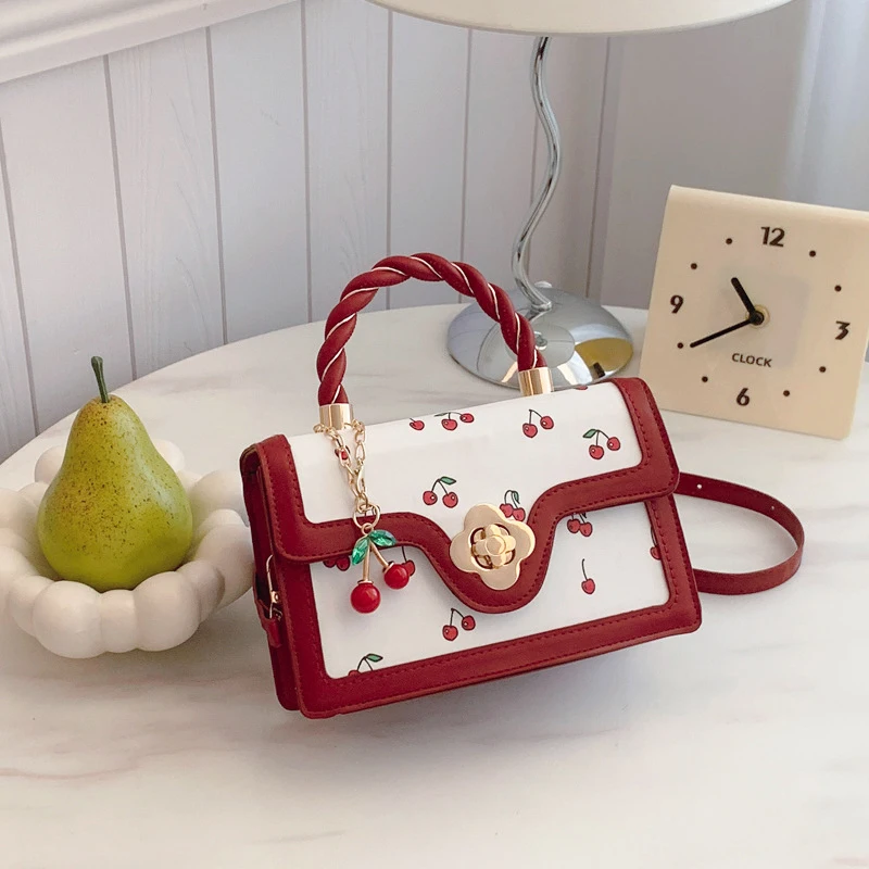 Fashion Cherry Print Top-Handle Bag Ladies Sweet Crossbody Bag Luxury Brand Small Square Bag 2024 Women High Quality Sling Purse - Image 6
