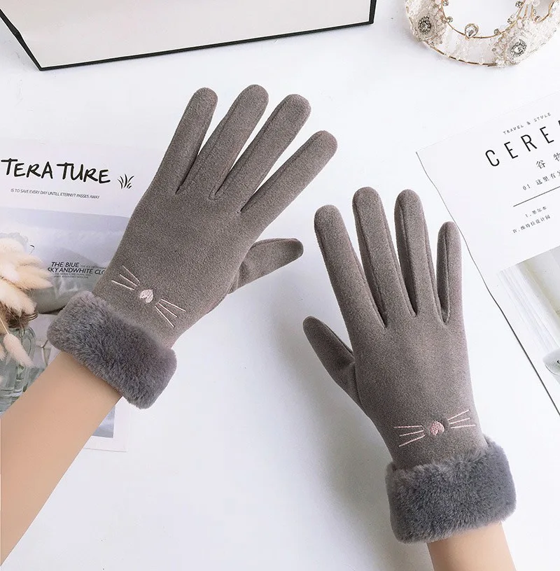 Winter Female Cashmere Warm Suede Leather Cycling Mittens Double Thick Velvet Plush Wrist Women Touch Screen Driving Gloves - Image 7
