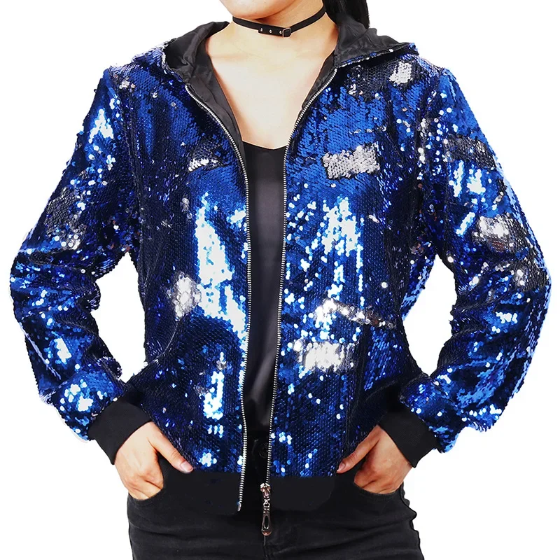 2025 New Europe and USA Party Flip Color Sequined Jackets for Women, Fashion Casual Shiny Loose Concert Hooded Baseball Jackets - Image 4