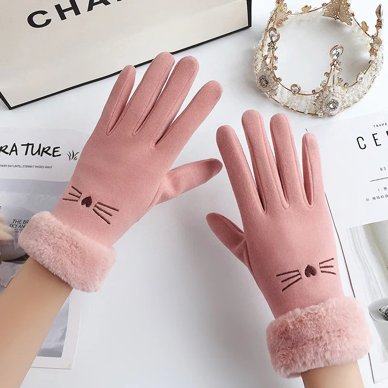 Winter Female Cashmere Warm Suede Leather Cycling Mittens Double Thick Velvet Plush Wrist Women Touch Screen Driving Gloves - Image 3
