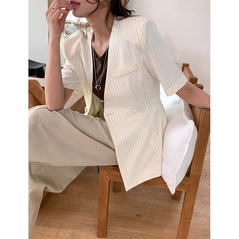Elegant Striped Blazer Women Fashion Black Lace Up Suit Jackets Korean V Neck Outerwears Summer Office Ladies Short Sleeve Coats