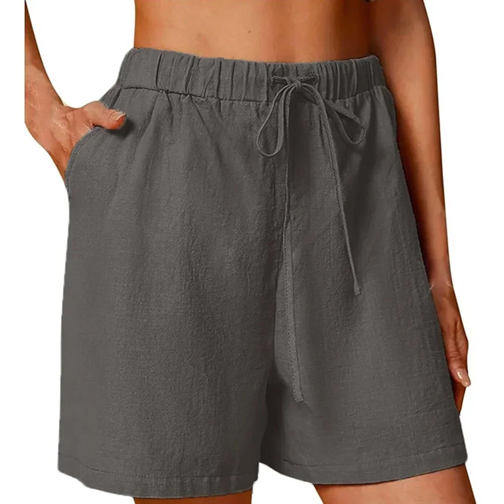 Women's Summer Casual Shorts Drawstring Solid Color Cotton Linen Short Pants Female Loose Straight Jogging Outdoor Streetwear - Image 4