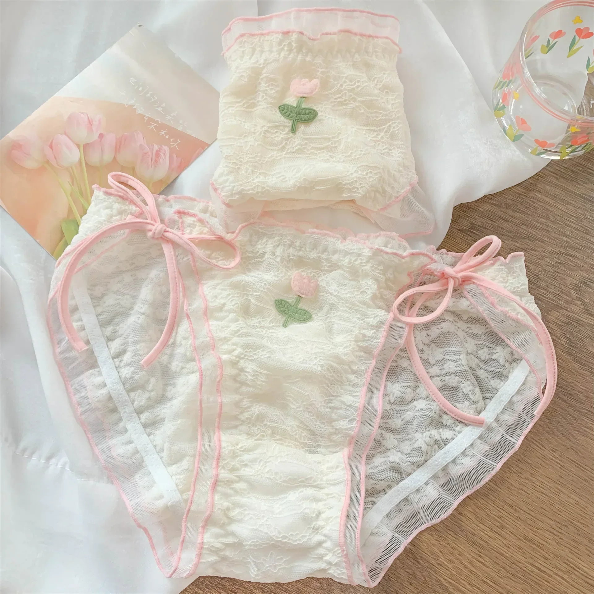 Japanese Sweet Mesh Lace Lace Bow 2024 New Sexy Mid Waist Comfortable and Breathable Fashion Triangle Short Pants WOMEN Panties - Image 3