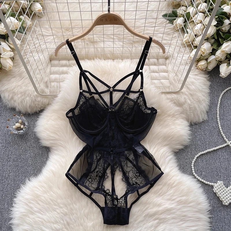 Women' Sexy Lace Camisole Slim Solid Color Sleeveless Bodysuit Erotic Lingerie V-Neck Ultra-Thin Pajamas Hollow Sheer Playsuit - Image 28