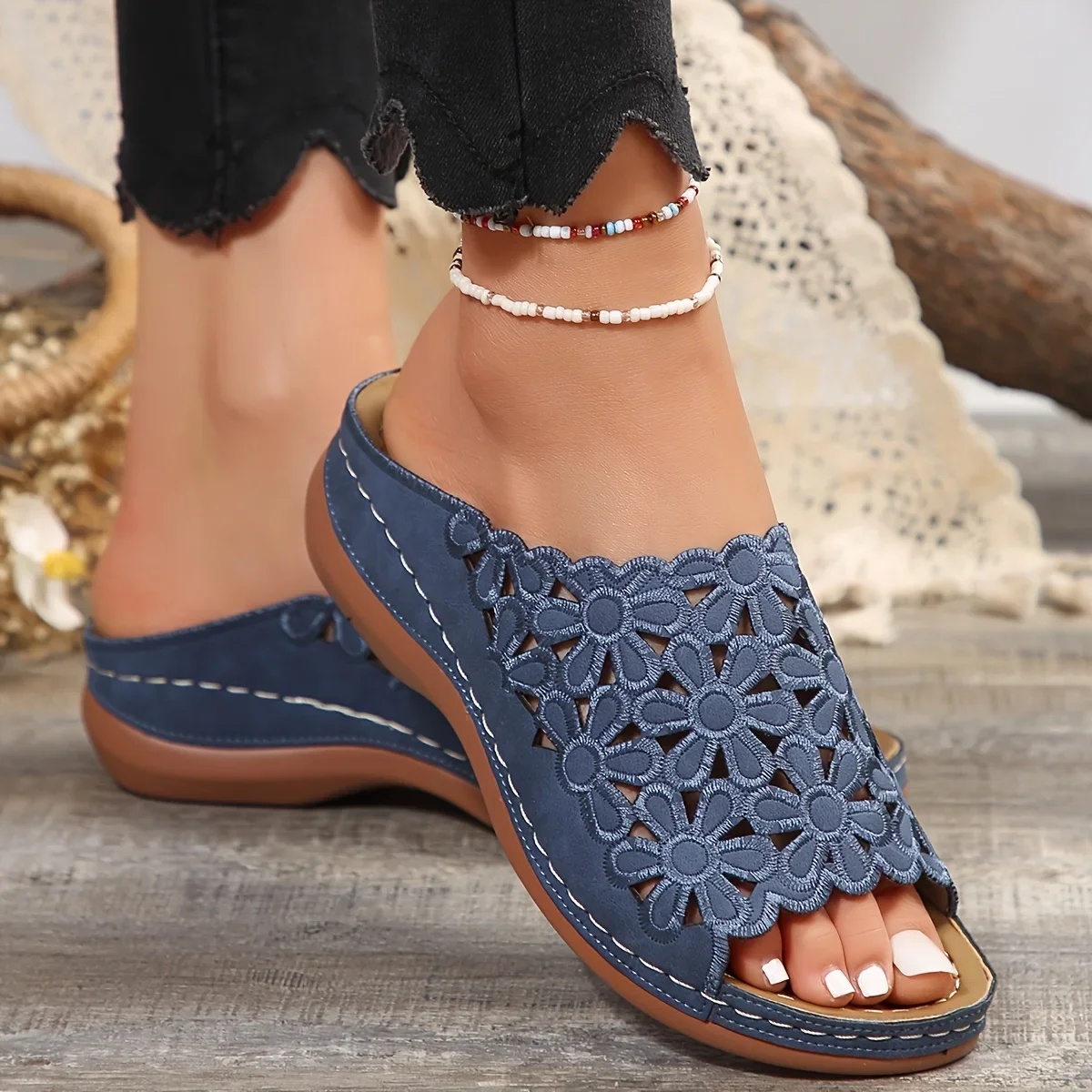 Women's Elegant Floral Comfort Sandals – Hollow-Cut Stylish Wedge Design Versatile Slides for Casual & Beach Wear - Image 2