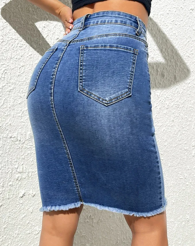 Skirts Women Denim Skirt Mid Length Slim Fit Solid High Waist Casual Regular Elegant Splice Hip Wrap Button Pocket Summer - Image 2
