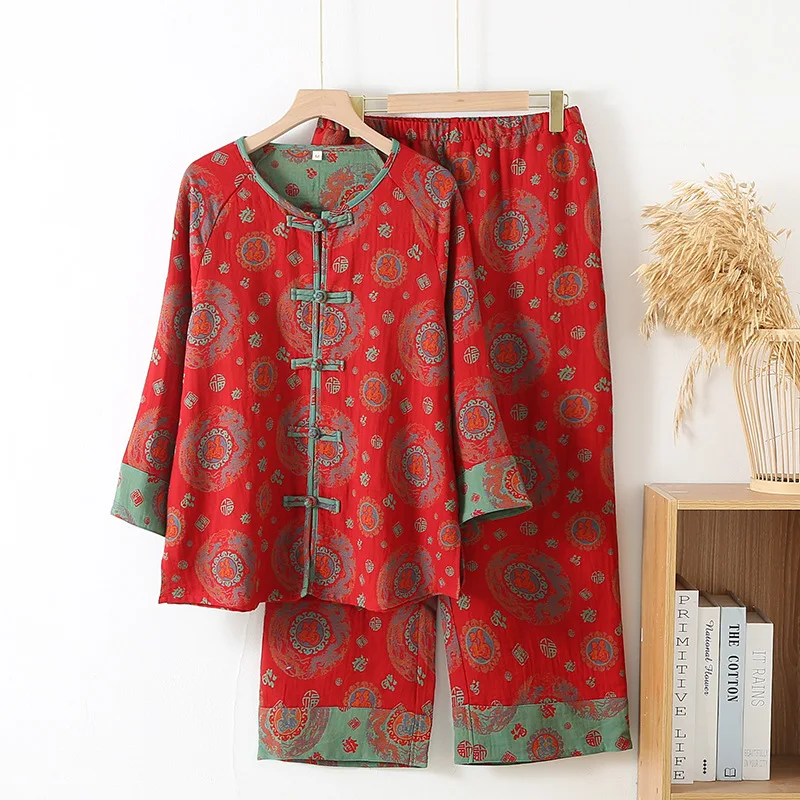 National Style Cotton Double-layer Gauze Women's Pajamas Set for New Year Red Plate Buckle Festival Style Home Clothes