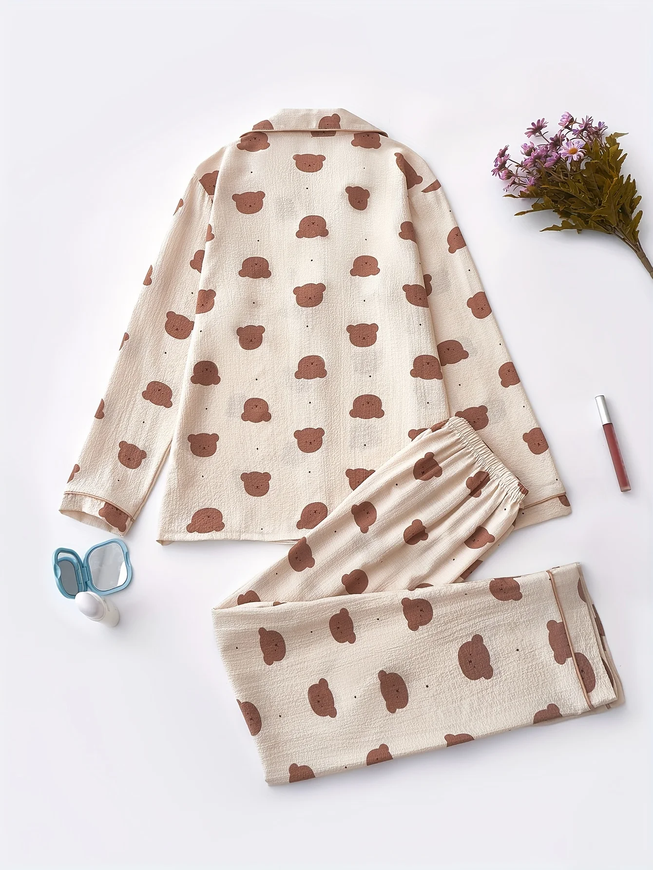 Cozy Bear Print Pajama Set for Women - Long Sleeve, Button-Up Lapel Top & Elastic Waist Pants, Machine Washable, for Autumn - Image 2