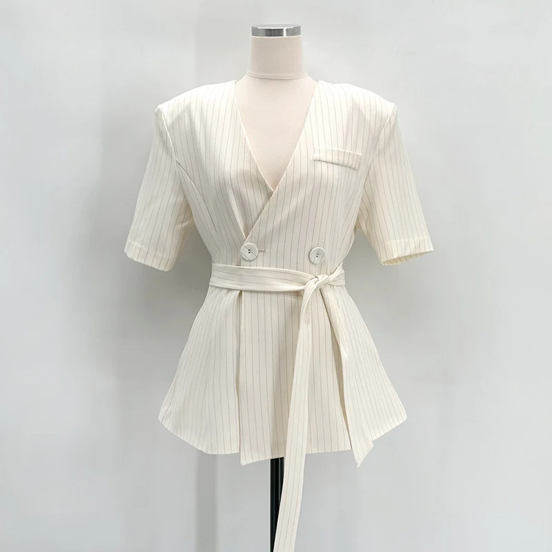 Elegant Striped Blazer Women Fashion Black Lace Up Suit Jackets Korean V Neck Outerwears Summer Office Ladies Short Sleeve Coats - Image 8