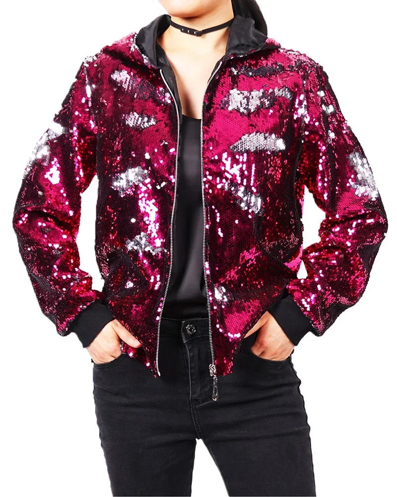 2025 New Europe and USA Party Flip Color Sequined Jackets for Women, Fashion Casual Shiny Loose Concert Hooded Baseball Jackets - Image 9