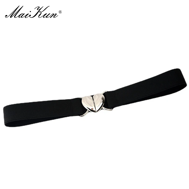 Maikun Silver Heart Buckle Thin Waistband Women Solid Colour Hundred Elastic Narrow Belt Waist Cinching Black - Image 5