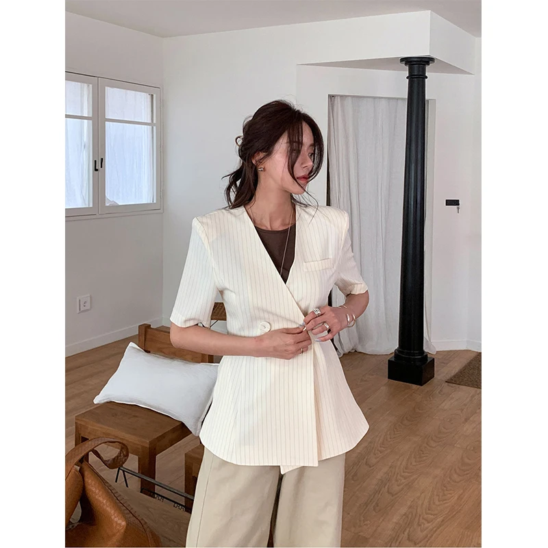 Elegant Striped Blazer Women Fashion Black Lace Up Suit Jackets Korean V Neck Outerwears Summer Office Ladies Short Sleeve Coats - Image 4