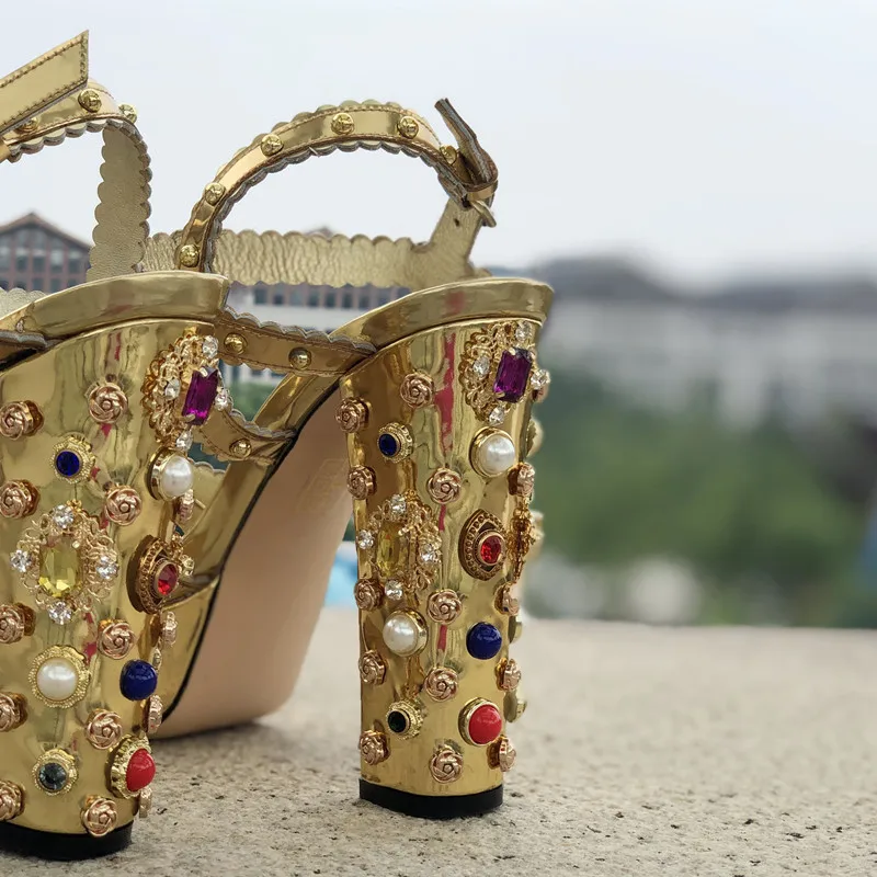 Women Chunky High Heels Shoes Platform Sandals For Women Rhinestone Metallic Gold Leather Shoes Woman Peep Toe Wedding Shoes - Image 4