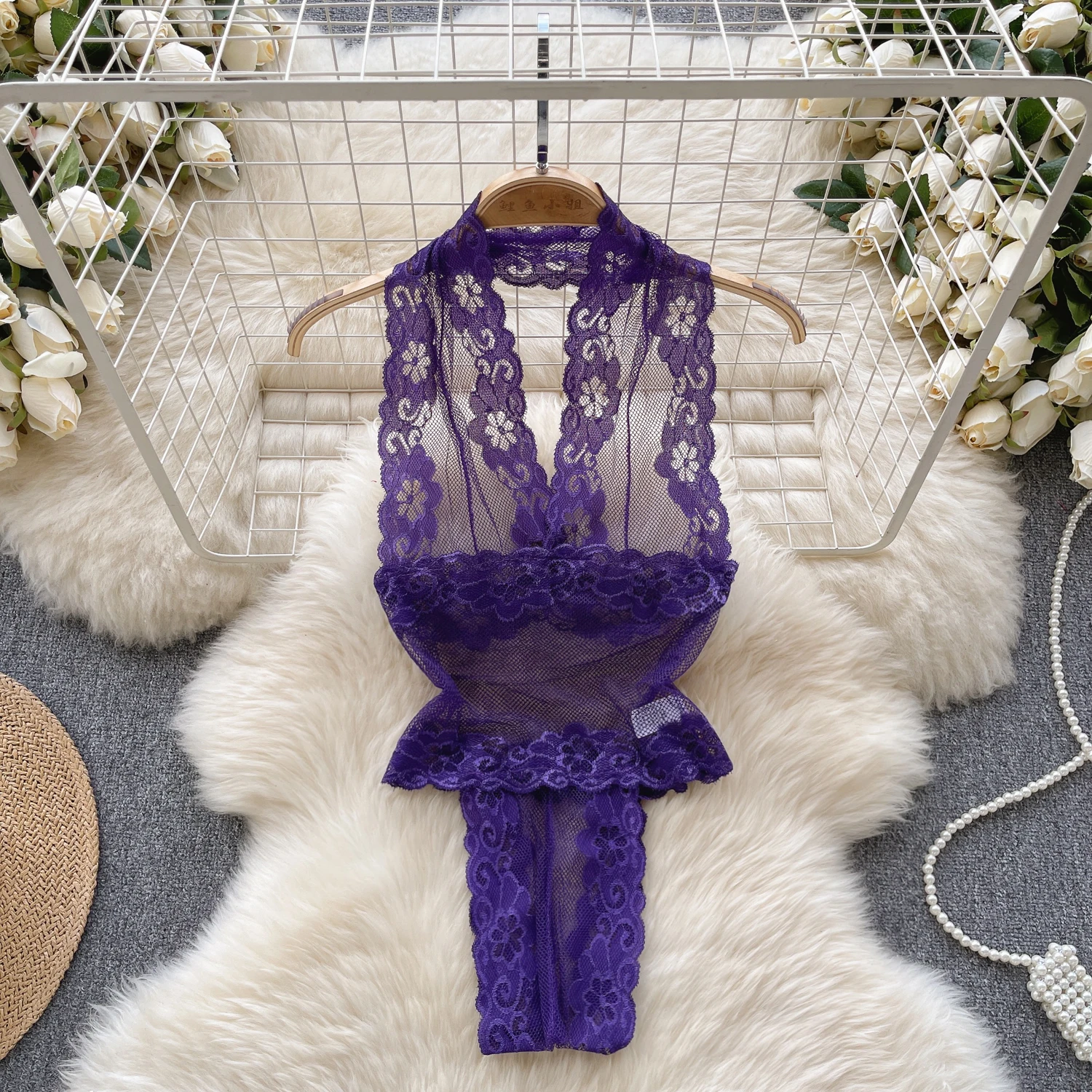 Women' Sexy Lace Camisole Slim Solid Color Sleeveless Bodysuit Erotic Lingerie V-Neck Ultra-Thin Pajamas Hollow Sheer Playsuit - Image 64