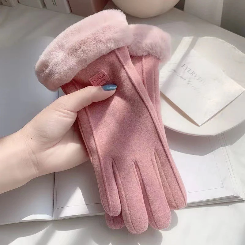 Winter Female Cashmere Warm Suede Leather Cycling Mittens Double Thick Velvet Plush Wrist Women Touch Screen Driving Gloves - Image 11