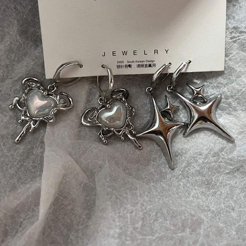 Simple Silver Color Star Earrings for Women Opal Stone Heart Hoop Earrings Punk Y2K Cute Daily Wear Jewelry Party Gifts - Image 5
