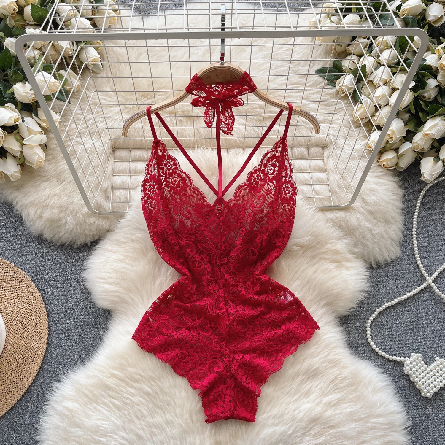 Women' Sexy Lace Camisole Slim Solid Color Sleeveless Bodysuit Erotic Lingerie V-Neck Ultra-Thin Pajamas Hollow Sheer Playsuit - Image 25