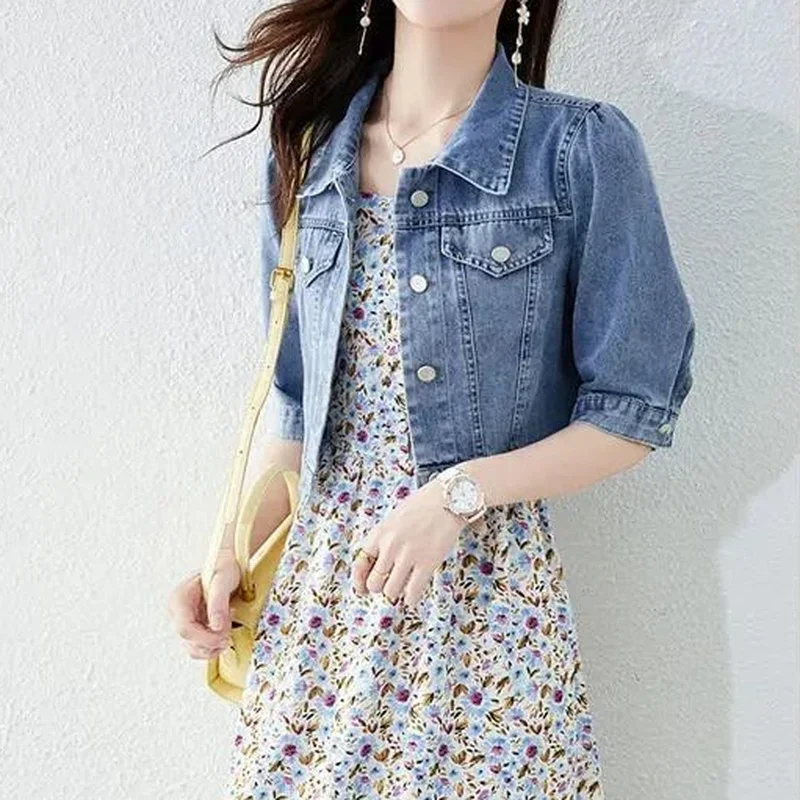 Vintage Crops Trendy Turn Down Collar Jackets Women Basic Solid Outwear Half Sleeve Denim Fit Harajuku Street Denim Jacket Women - Image 2