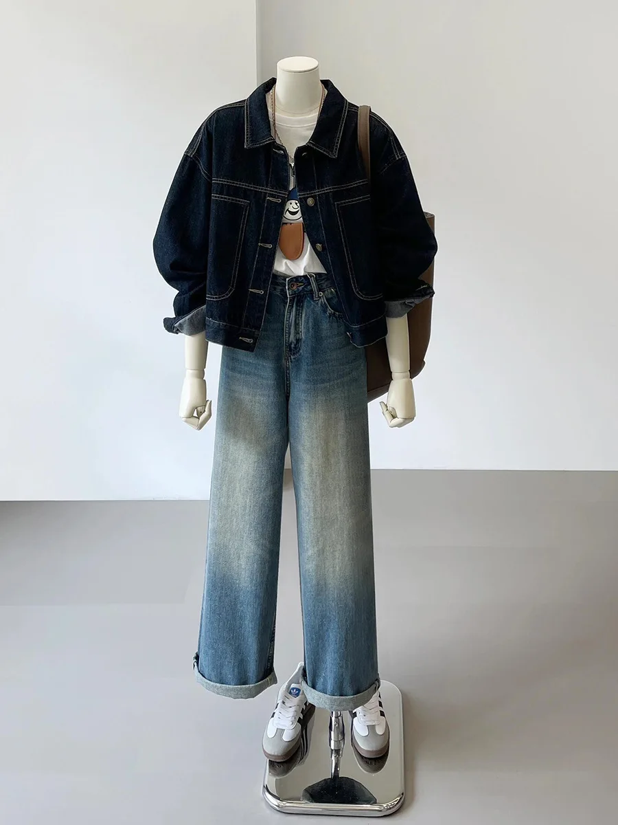 Navy Blue Short Denim Jacket Female Work Style Spring and Fall New Korean Version of the Casual Pocket Design Sense Thin Blouse - Image 4