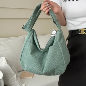 Women’s Corduroy Shoulder Bag Vintage Striped Large Capacity Tote with Zipper Closure Fashionable Crossbody Purse for Daily Use
