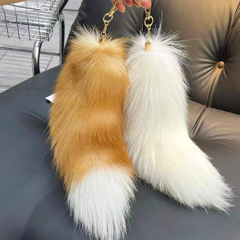 2024 Real Fox Fur Tail Large Long Natural Fur tail Keychain Pendant Cosplay tail Cute Wolf Fox Tail Fur Car Keychains For Women - Image 6