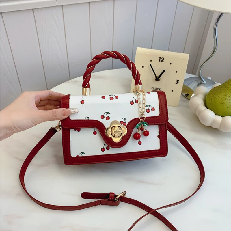 Fashion Cherry Print Top-Handle Bag Ladies Sweet Crossbody Bag Luxury Brand Small Square Bag 2024 Women High Quality Sling Purse - Image 8
