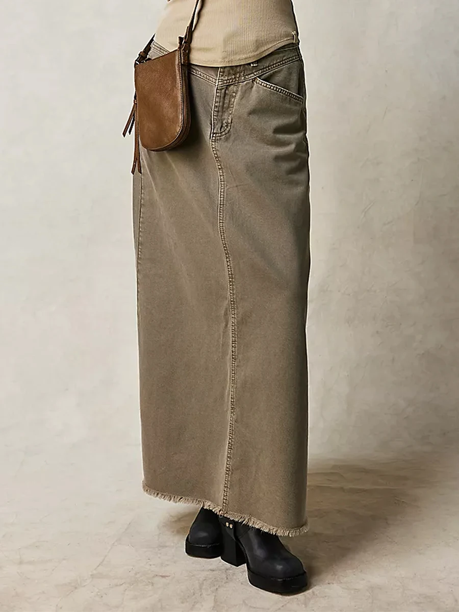 Women Y2K Vintage Denim Maxi Skirt High Waist A-Line Frayed Hem Loose Long Jean Skirt OOTD Streetwear - Image 8