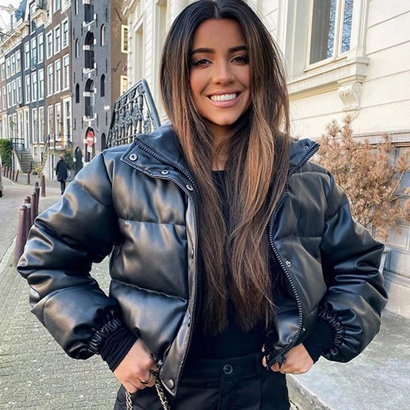 Winter Thick Warm Cropped Puffer Jacket Women Black PU Leather Parkas Elegant Zipper Coat Cotton Padded Punk Outwear 2023 - Image 9