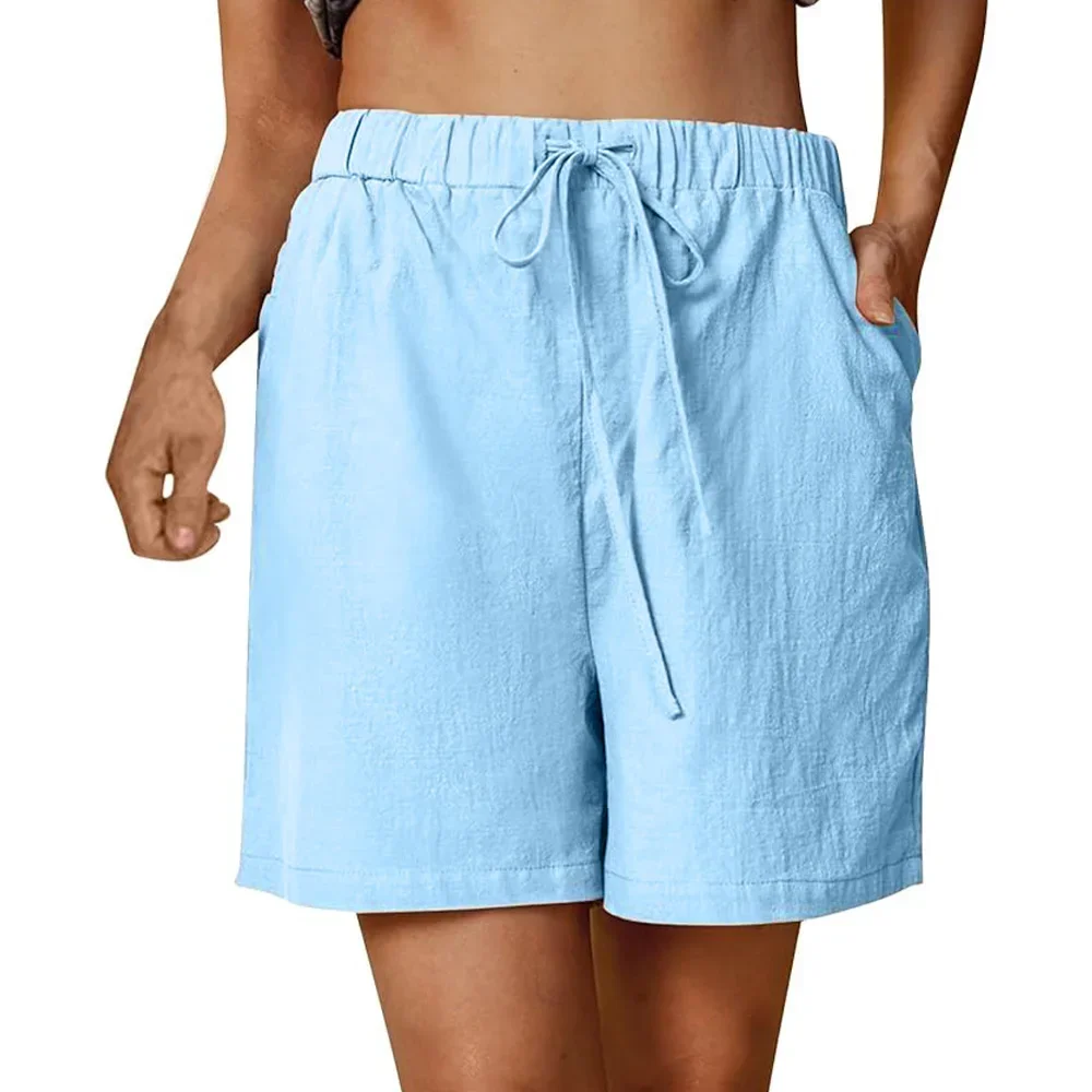Women's Summer Casual Shorts Drawstring Solid Color Cotton Linen Short Pants Female Loose Straight Jogging Outdoor Streetwear - Image 5