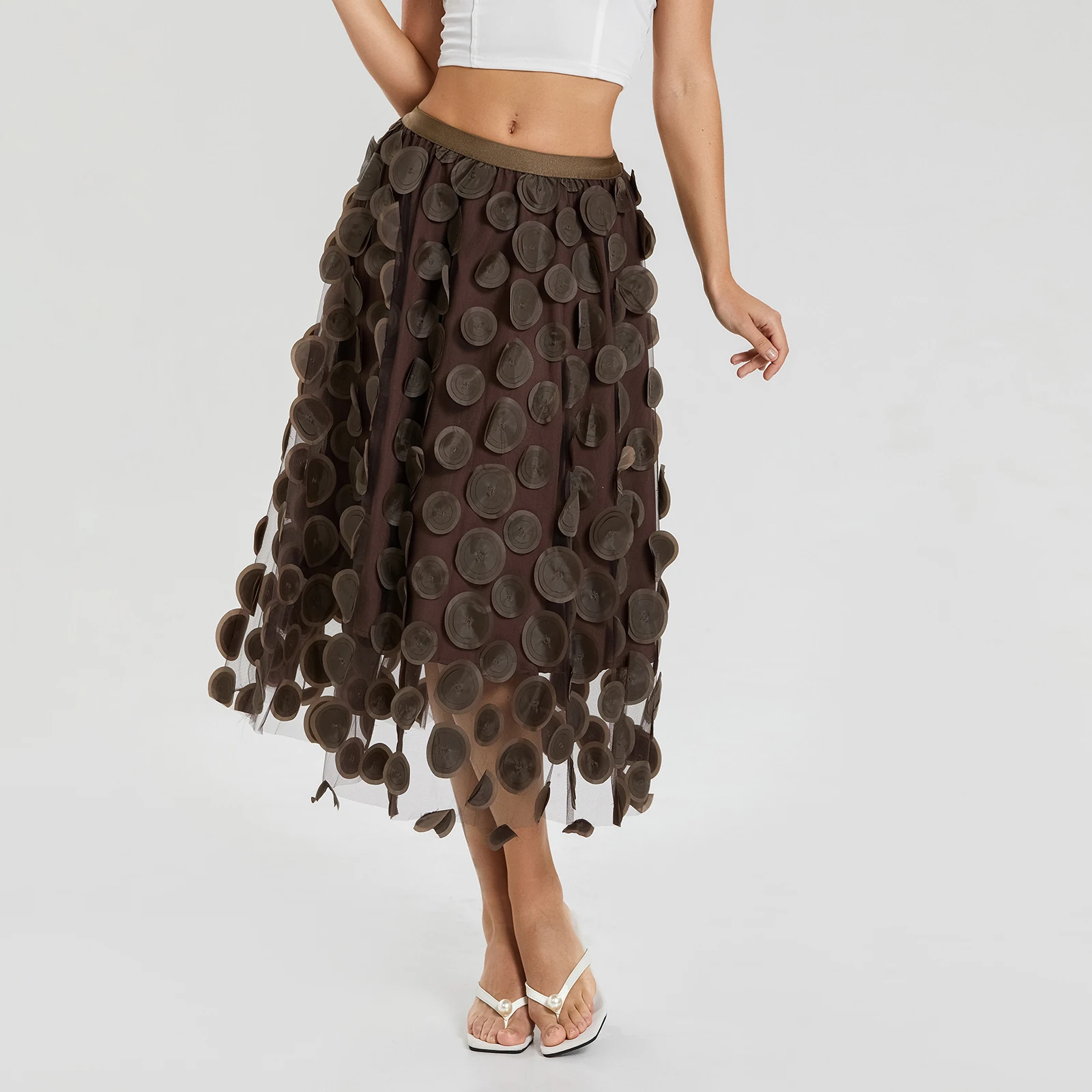 Women Tulle Tutu Skirt Solid Color 3D Dot Elastic Mesh Fairy A-Line Skirt for Beach Party Streetwear - Image 2