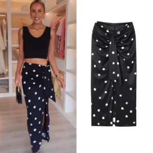2025 Sexy Black Polka Dot Midi Skirt: Thigh-High Slit, Bow-Tie Waist, Ankle-Length Curve-Hugging Design For Woman Summer Casual