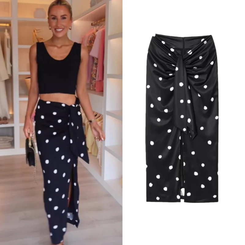 2025 Sexy Black Polka Dot Midi Skirt: Thigh-High Slit, Bow-Tie Waist, Ankle-Length Curve-Hugging Design For Woman Summer Casual