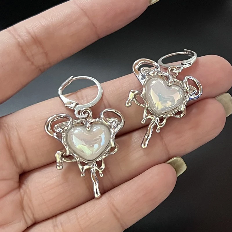 Simple Silver Color Star Earrings for Women Opal Stone Heart Hoop Earrings Punk Y2K Cute Daily Wear Jewelry Party Gifts - Image 4