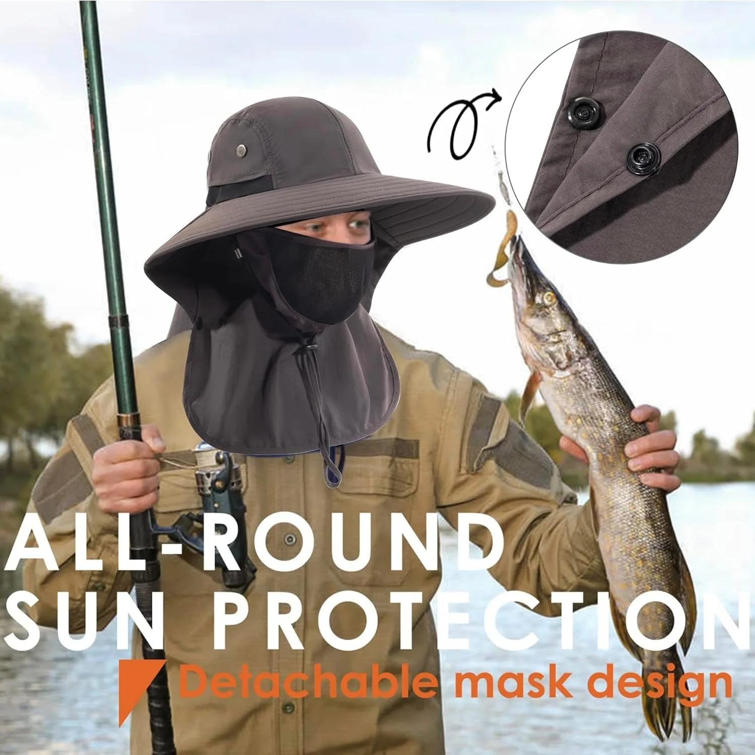 Mens Women Fishing Hat UPF 50+ Wide Brim Sun Hat with Face Cover & Neck Flap - Image 5