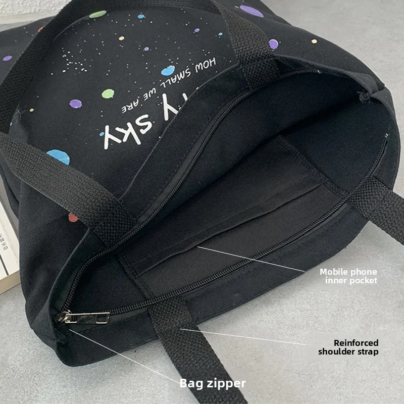 Fashionable Letters Canvas Tote Bag, Female Stylish Handbag Shoulder Bag with Zipper Opening Large Capacity Student School Bags - Image 6