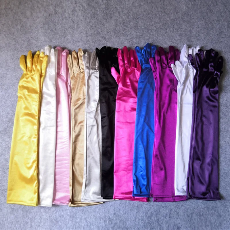 Women Long Solid Satin Soft Multicolor Ceremonial Gloves Drive Ride Dance Performance Sunscreen Cosplay Elasticity