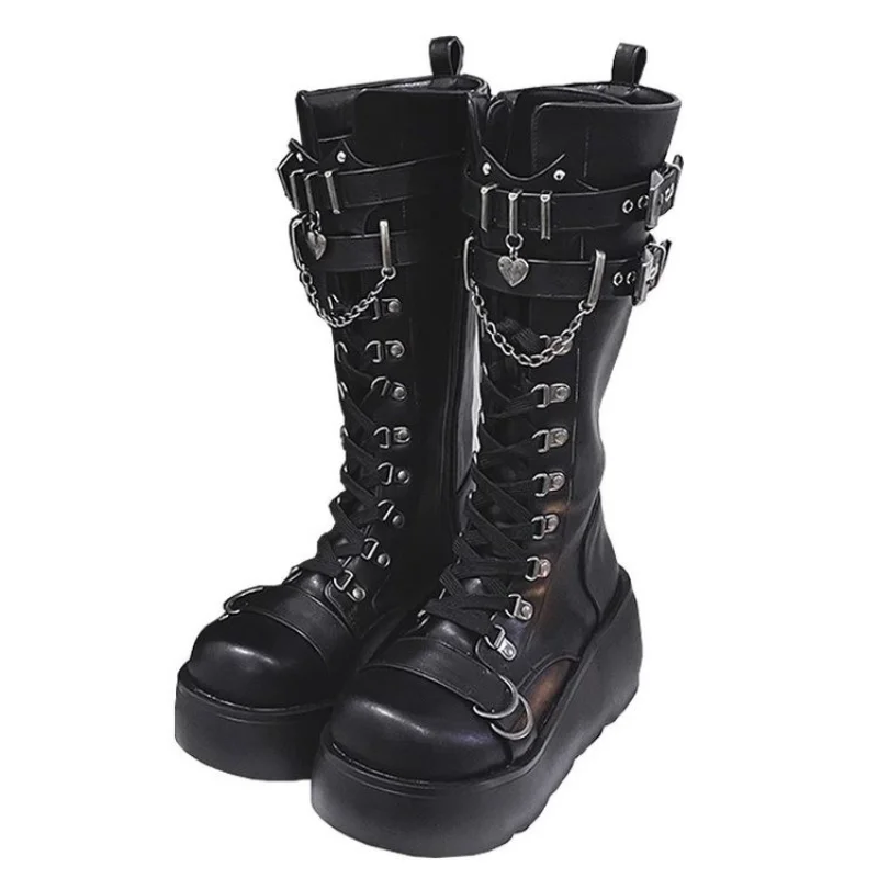 Platform Boots Riveted Buckle Wedges High Women's Boots Punk Spice Chic Biker Rider Boots - Image 3