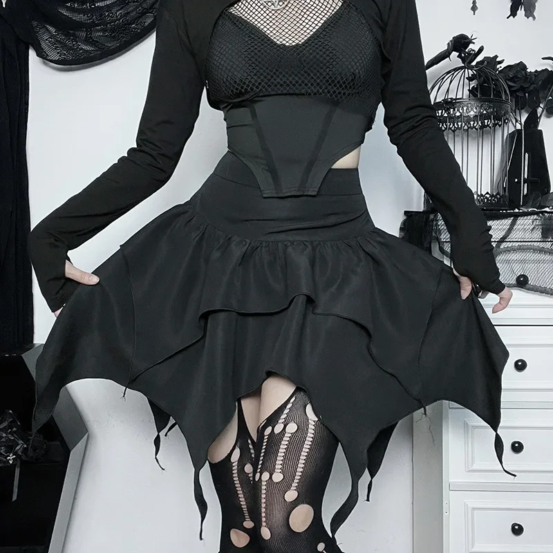 New Sexy Women Gothic Punk Irregular Skirts Solid Color Drawstring Tie-Up Ruched Ruffles Mini Skirt Summer Fashion Short Skirts - Image 2