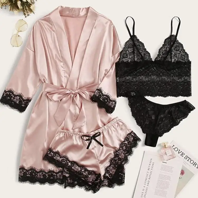 Women's Fashion Pajama Print Sexy Lace Trim Faux Silk Satin Pajama Set Gown Skin Friendly Comfort Loungewear Sexy Pajamas - Image 4