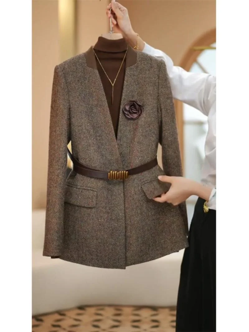 Plus Size 4XL High Quality Coffee colored Suit Jacket For Women Spring Outwear Fashion Simple Wool Coat Autumn Blazer With Belt - Image 2