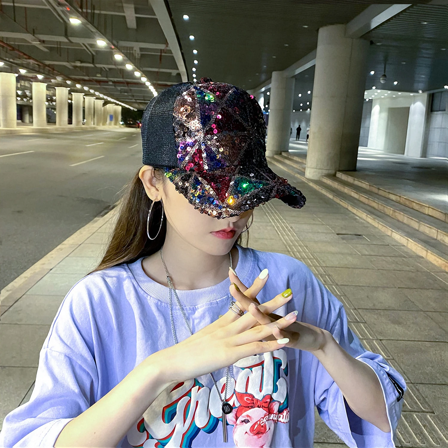 Summer Shiny Sequin Back Mesh Adjustable Cotton Baseball Cap Sun Hat - Image 3