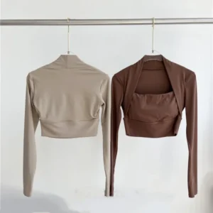 Autumn Winter New Nude Sports Top With Chest Pad Women Long Sleeve Fast Drying Fitness Tight Fake Two Pcs Gym Running Yoga Shirt