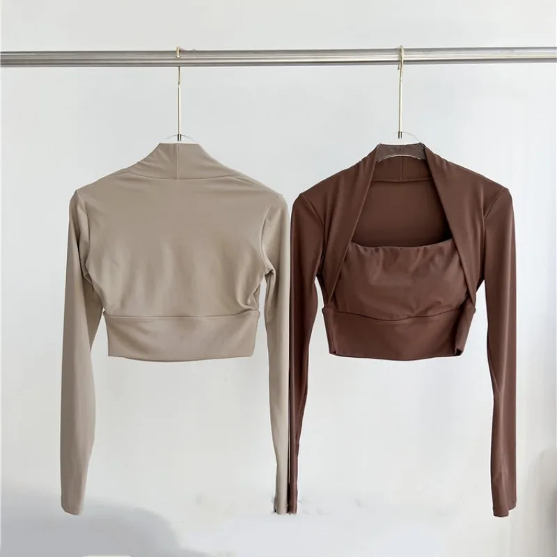 Autumn Winter New Nude Sports Top With Chest Pad Women Long Sleeve Fast Drying Fitness Tight Fake Two Pcs Gym Running Yoga Shirt