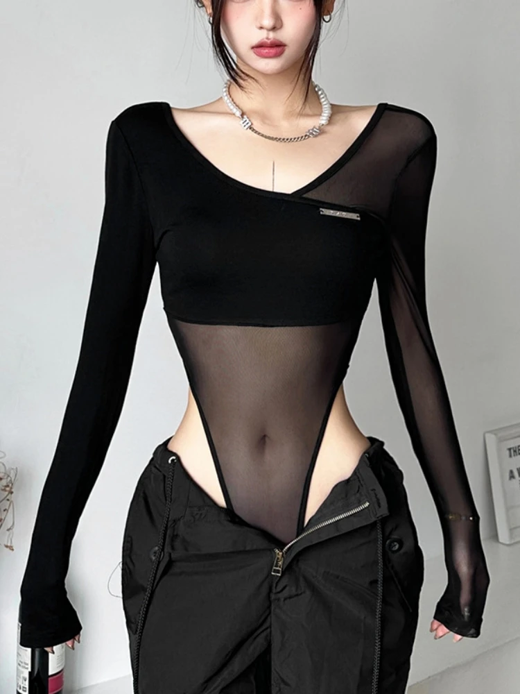 Black See Through Bodysuit Lingerie Sexy Long Sleeve Lenceria Femenina V-Neck One-Pieces Body Feminino Backless Tops For Women - Image 3